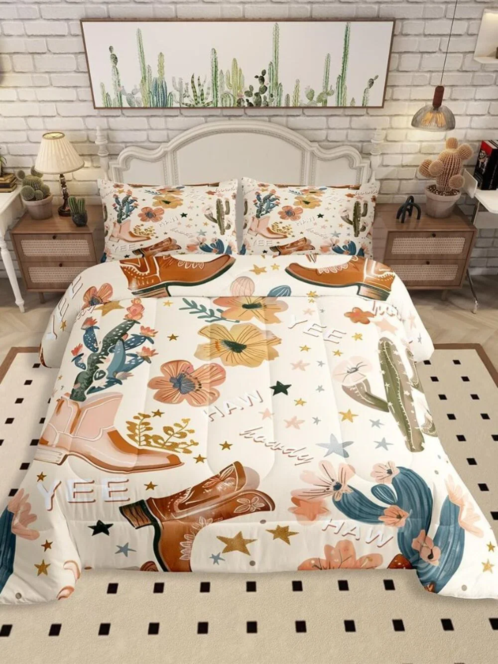 Cowgirl Comforter Set Queen Size, Country Western Cowboy Boots Brown Bedding Set